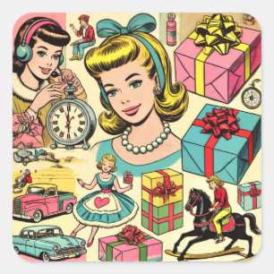 Retro Cute Girly-Tecknader Fyrkantigt Klistermärke