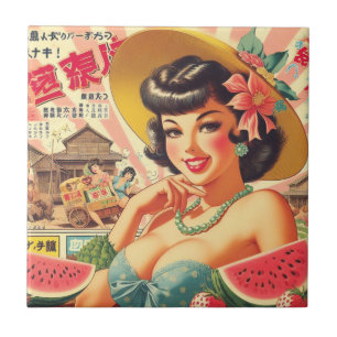 Retro Cute Japansk flicka Kakelplatta