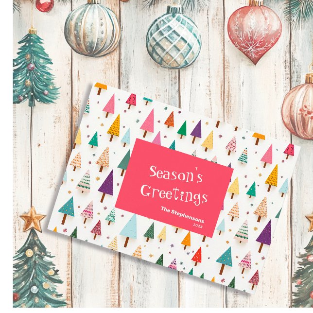 Retro Cute Julgranar Helgdag-kort Julkort (Cute Retro Christmas Trees Holiday Card (flat card) "Season's Greetings")