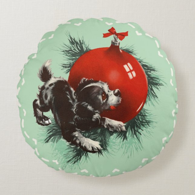 Retro Cute Puppy Red Ornament-jul Rund Kudde (Framsidan)