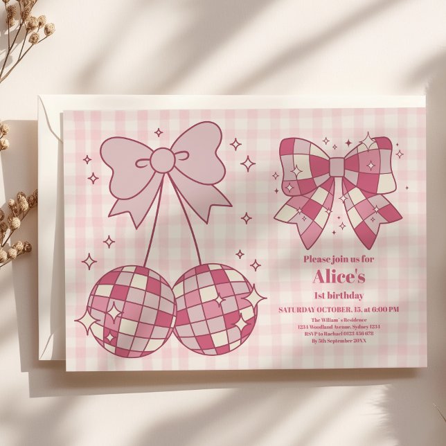Retro Cute Rosa Bow Coquette 1:a födelsedag Inbjudningar (Skapare uppladdad)