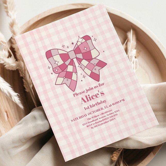 Retro Cute Rosa Bow Coquette 1:a födelsedag Inbjudningar (Skapare uppladdad)