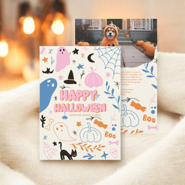Retro Cute Rosa Orange Pastel Halloween Photo Julkort (Retro Cute Pink Orange Pastel Halloween Photo Holiday Card)