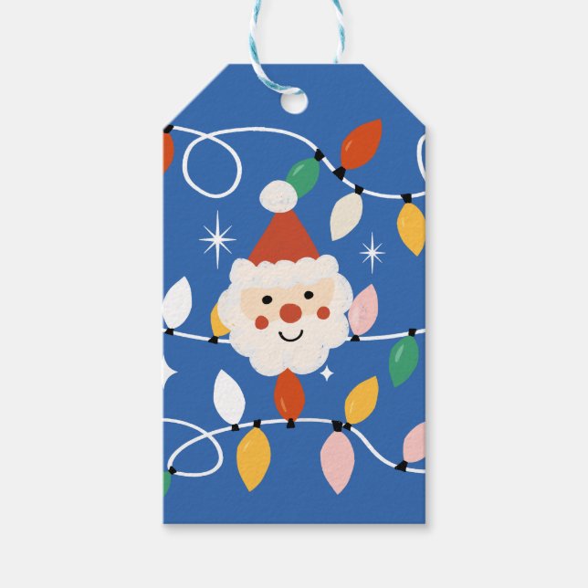 Retro Cute Santa med Fairy Ljus Blue Presentetikett (Framsidan)
