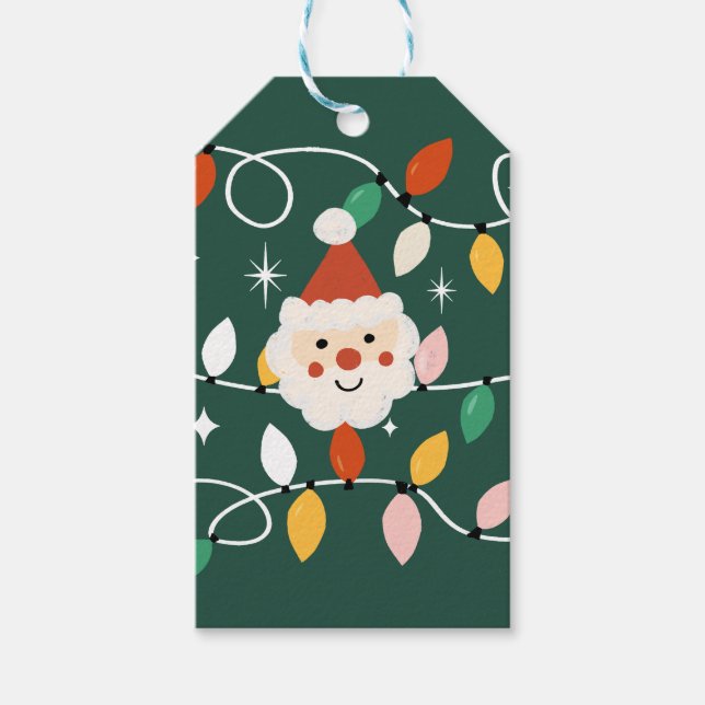 Retro Cute Santa med Fairy Ljus Grönt Presentetikett (Framsidan)