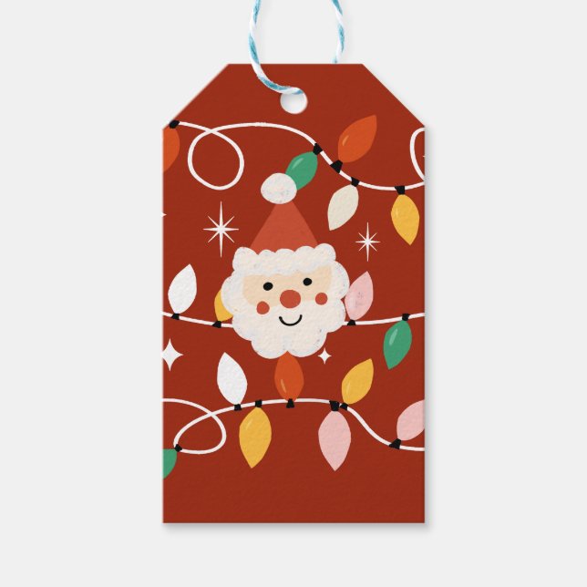 Retro Cute Santa med Fairy Ljus Red Presentetikett (Framsidan)