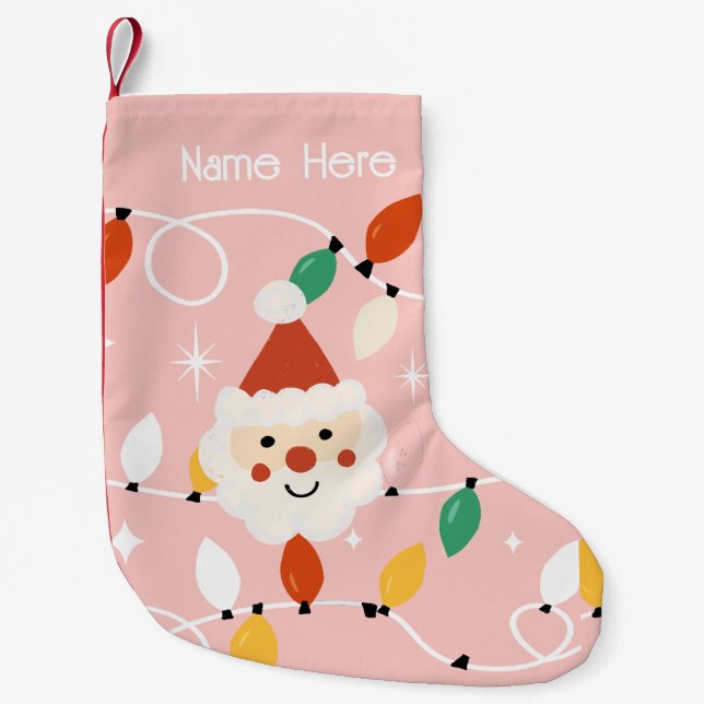 Retro Cute Santa med Fairy Ljus Rosa Liten Julstrumpa (Framsidan)