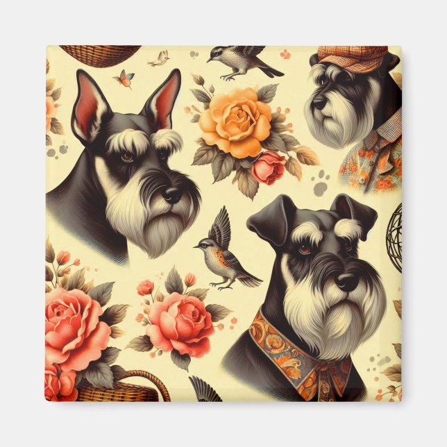 Retro Cute Schnauzer Illustration Magnet (Framsidan)