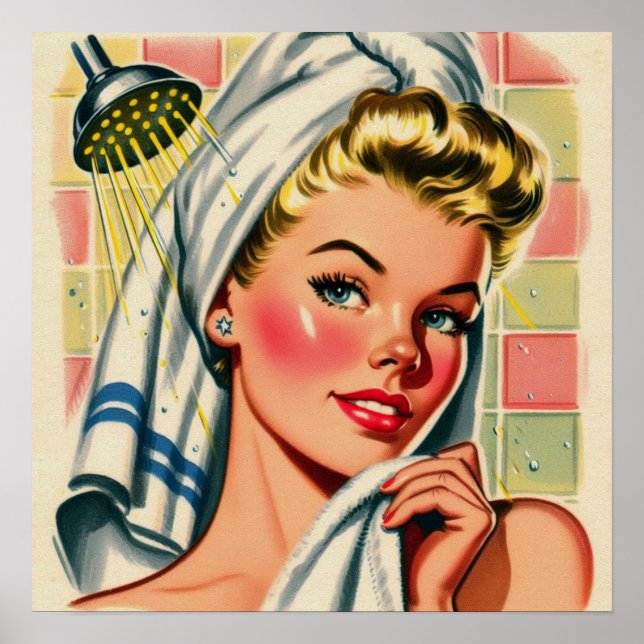 Retro Cute Shower Girl Illustration Poster (Framsidan)