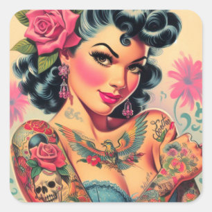 Retro Cute Tattoed Pin-up Fyrkantigt Klistermärke