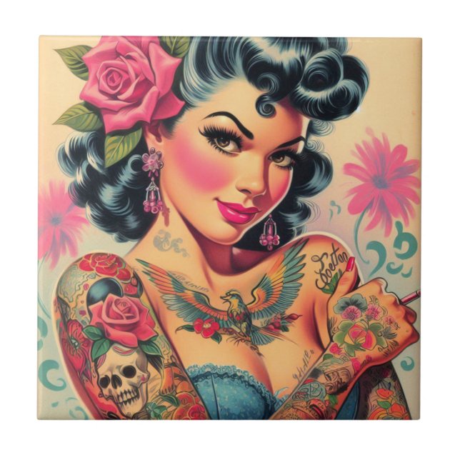 Retro Cute Tattoed Pin-up Kakelplatta (Framsidan)