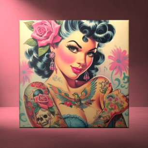 Retro Cute Tattoed Pin-up Kakelplatta