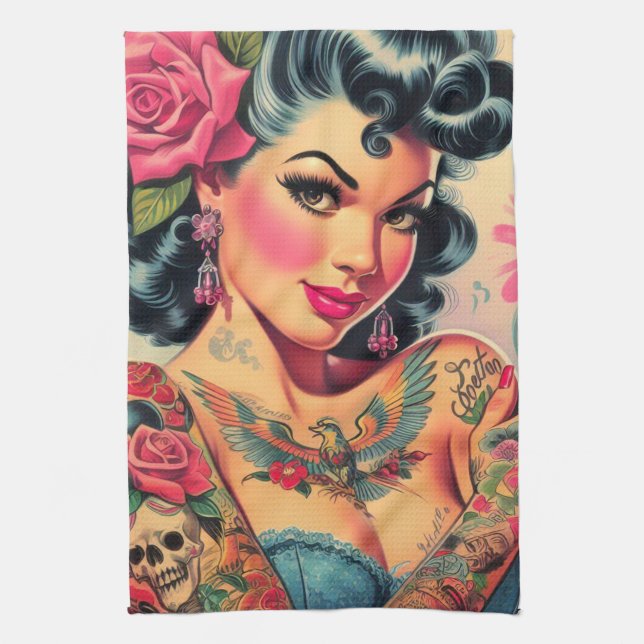Retro Cute Tattoed Pin-up Kökshandduk (Vertikal)