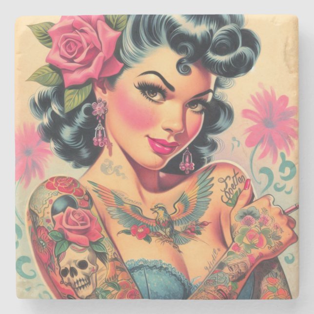 Retro Cute Tattoed Pin-up Stenunderlägg (Framsidan)