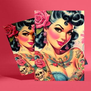Retro Cute Tattoed Pin-up Vykort