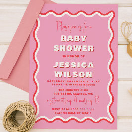 Retro Cute Vågigt Rosa Red Girl Baby Shower Inbjudningar