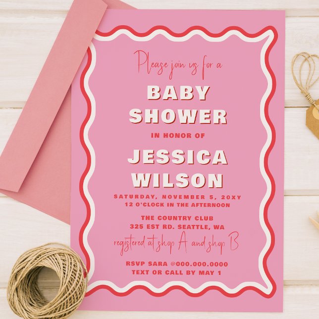 Retro Cute Vågigt Rosa Red Girl Baby Shower Inbjudningar (Skapare uppladdad)