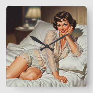 Retro Cute Woman 50 Pin-up Fyrkantig Klocka