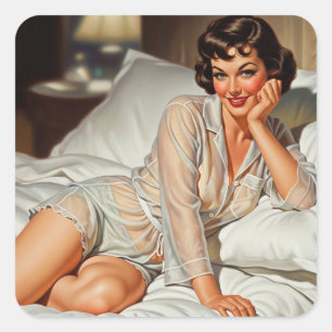 Retro Cute Woman 50 Pin-up Fyrkantigt Klistermärke