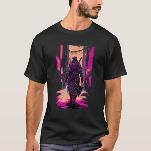 Retro Cyberpunk Samurai japansk Vaporwave Aesthet T Shirt (Framsida)