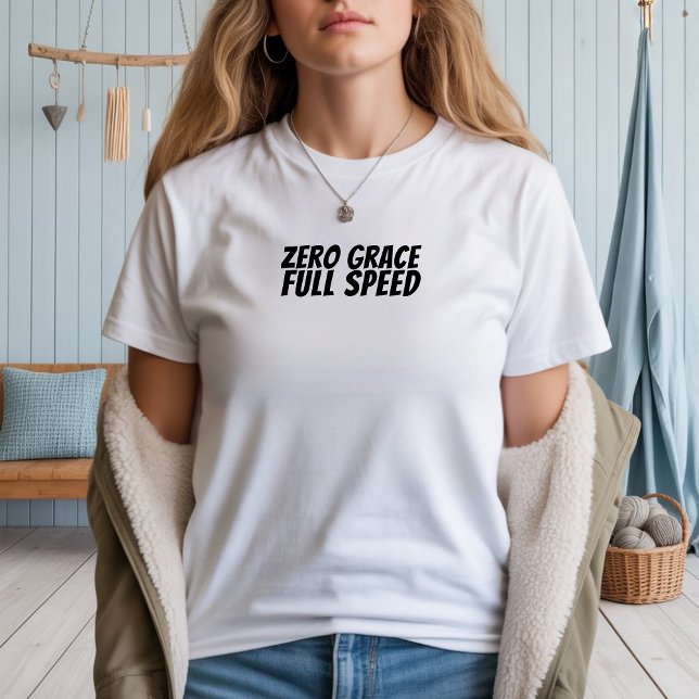 Retro cykel Tjej Ironi svart T Shirt (T-shirt with vintage-style bike graphic and phrase "Zero Grace, Full Speed.")