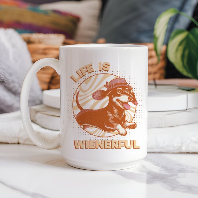 Retro Dachshund "Life is Wienerful" Muted Färg Kaffemugg (This fun and quirky design features an adorable dachshund, complete with a cute fedora hat!)