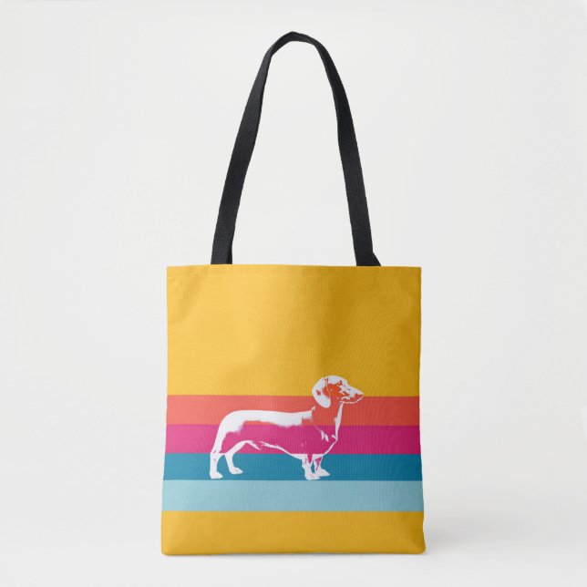 Retro Dachshund Siluett – Färgglad Popkonst Hundko Tygkasse (Framsida)
