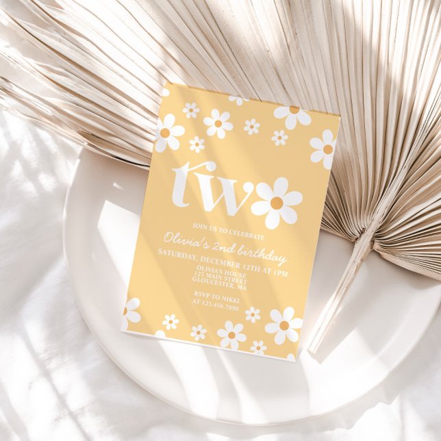 Retro-Daisy 2 Blommigtar 2:a födelsedagsinbjudan Inbjudningar (Skapare uppladdad)