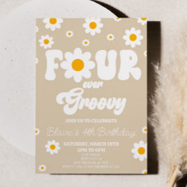 Retro Daisy 4 hela tiden Groovy 4e födelsedagen Pa Inbjudningar