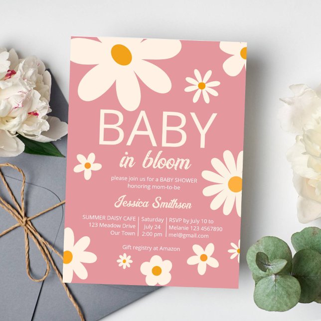 Retro daisy baby i rosa babydusch i bloom ökenökne inbjudningar (Baby in bloom retro groovy boho daisy desert pink baby shower invitation template instant download)