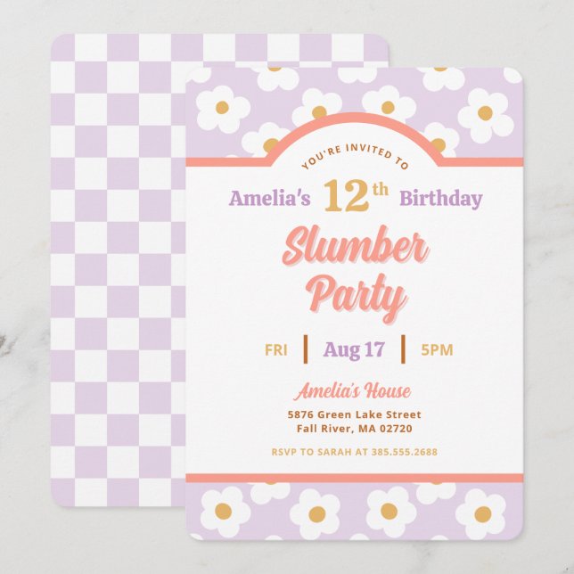 Retro Daisy Birthday Slumber Party Inbjudningar (Fram/baksida)