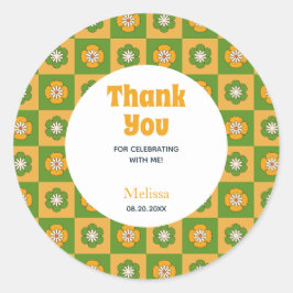 Retro Daisy Blommigt Checkated Birthday Tack Runt Klistermärke