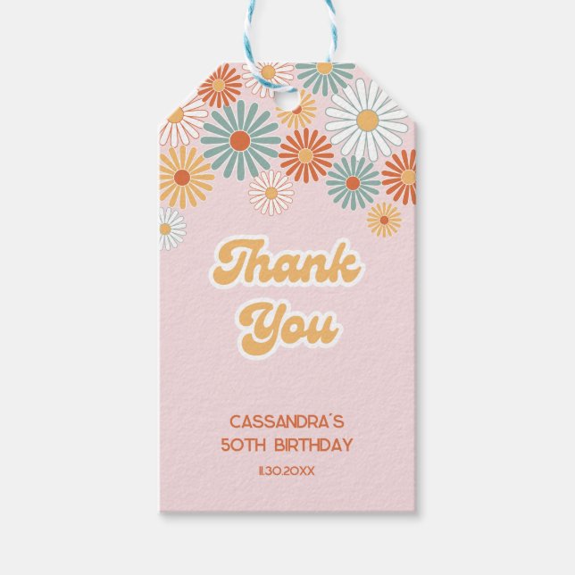 Retro Daisy Boho Groovy Blommig Födelsedag Presentetikett (Framsidan)