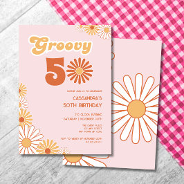 Retro Daisy Boho Orange Pink 50th Birthday Inbjudningar