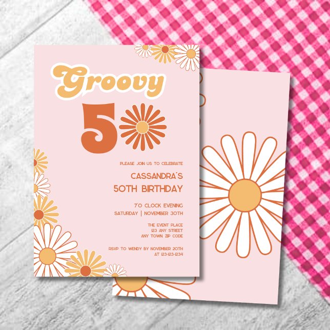 Retro Daisy Boho Orange Rosa 50-årsfirande Inbjudningar (Skapare uppladdad)