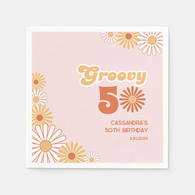 Retro Daisy Boho Orange Rosa 50-årsfirande Pappersservett (Framsidan)