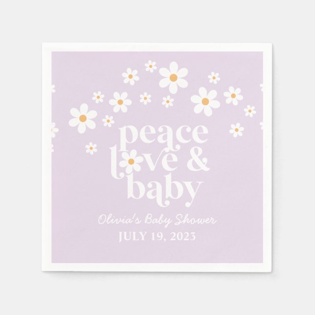 Retro Daisy boho Peace Kärlek Baby Shower lilac Pappersservett (Framsidan)