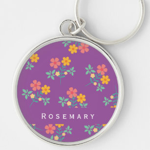 Retro Daisy Bouquet Mönster på Lila Rund Silverfärgad Nyckelring
