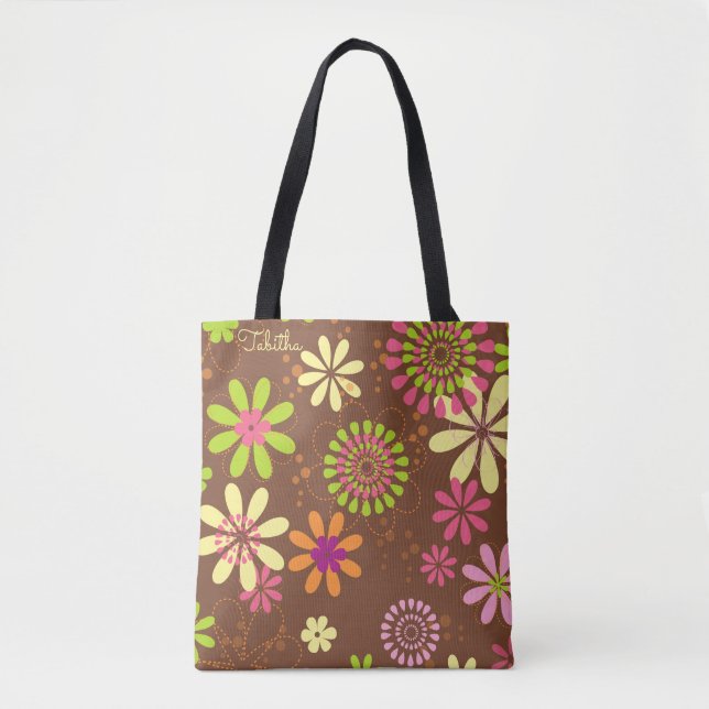 Retro Daisy Brown Tote Bag Tygkasse (Framsida)