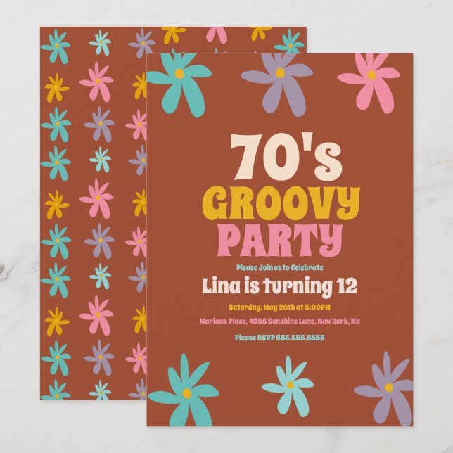  Retro Daisy Doodle Groovy Blommor Födelsedagsfest Inbjudningar (Fram/baksida)