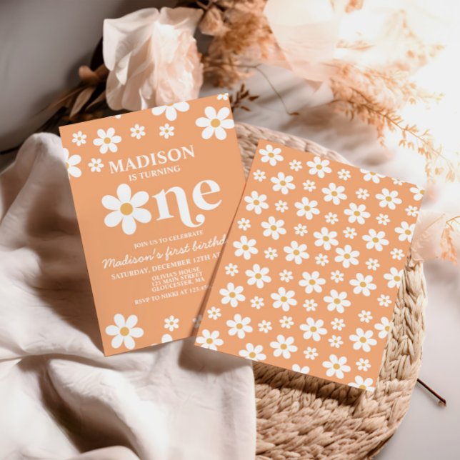 Retro Daisy En Blommigt 1:a födelsedagsinbjudan Inbjudningar (Skapare uppladdad)