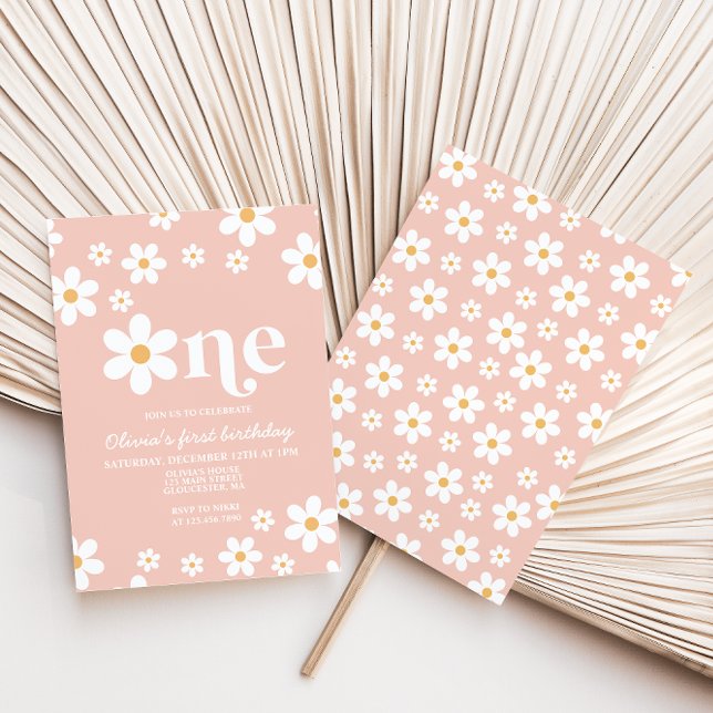Retro Daisy En Blommigt 1:a födelsedagsinbjudan Inbjudningar (Skapare uppladdad)