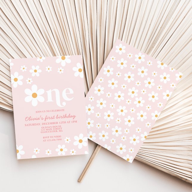 Retro Daisy En Blommigt 1:a födelsedagsinbjudan Inbjudningar (Skapare uppladdad)