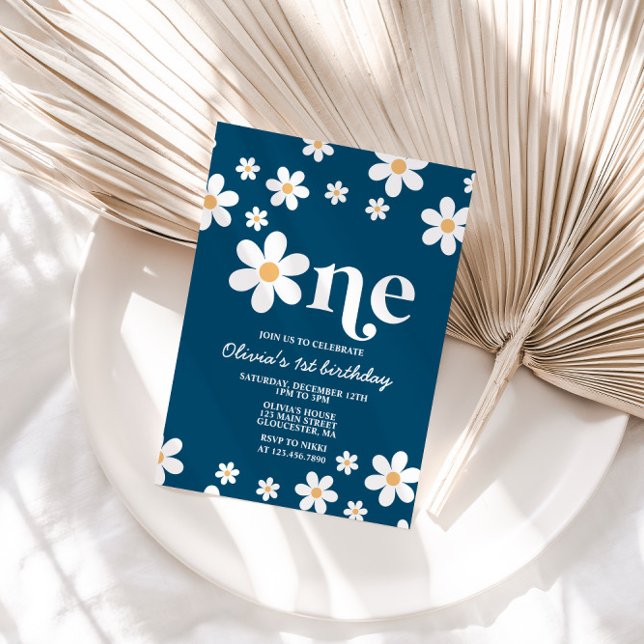 Retro Daisy En Blommigt 1:a födelsedagsinbjudan Inbjudningar (Skapare uppladdad)