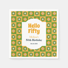 Retro Daisy Flower Checkated Hej 50 Birthday Pappersservett
