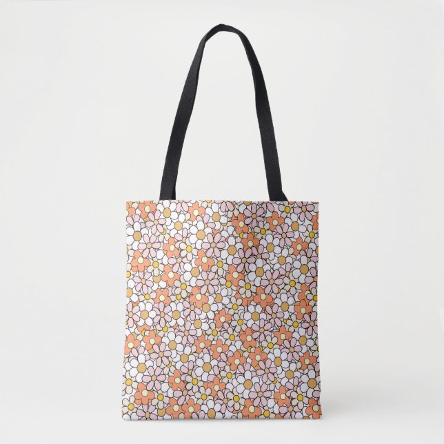 Retro Daisy Flower Mönster Tote Bag Rosa & Orange Tygkasse (Framsida)