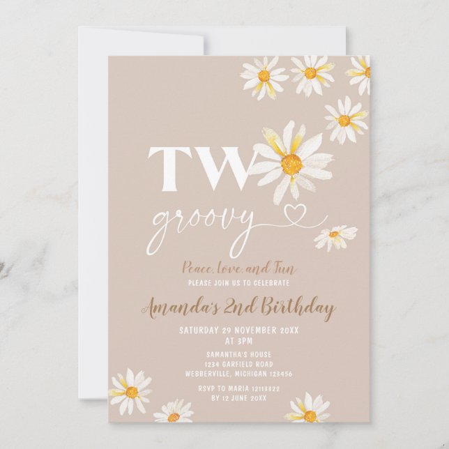 Retro Daisy Flowers Two Groovy Födelsedagsfest Inbjudningar (Framsida)