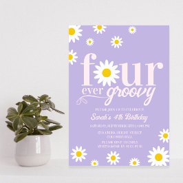 Retro-Daisy fyra gånger tidigare Groovy Lila 4e fö Inbjudningar