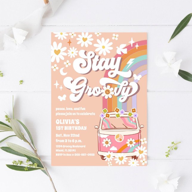 Retro Daisy Groovy Födelsedagsinbjudan Inbjudningar (Skapare uppladdad)