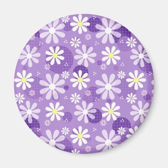 Retro Daisy Lila Gingham Circles Magnet (Framsidan)